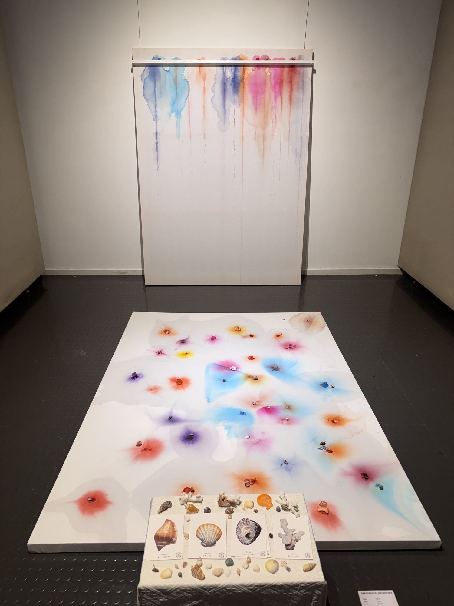 Complete vertical view of The Silence of White installation, connecting the hanging pigment panel, coloured floor pieces and postcards