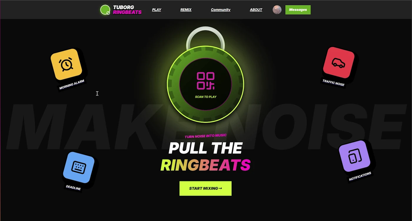 RingBeats Play web prototype showing the Sound Ring, everyday noise prompts and Start Mixing entry